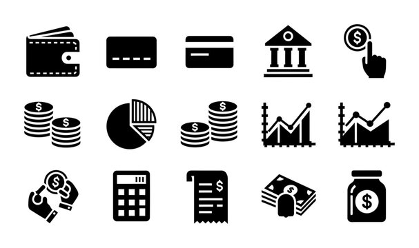 Finance Icons Set: Wallet, Credit Cards, Bank, Coins, Pie Chart, Calculator, Bills, Money Stack, Jar