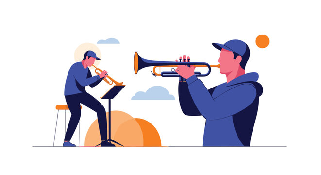 Two musicians playing trumpets together in a musical band to perform a song and enjoy their shared passion for music and art.