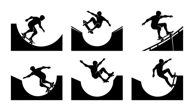 Skateboarder Silhouettes, Extreme Sports Action, Urban Lifestyle Vector Icons