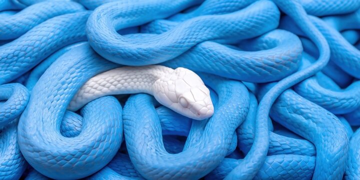 A single white snake stands out amongst a pile of soft blue snakes