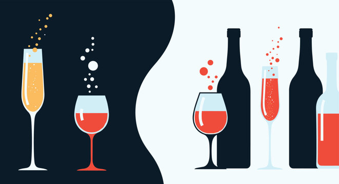 Assortment of wine and champagne glasses with bubbles and bottles to celebrate a special occasion or party event with friends.