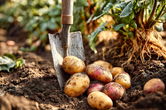 Farmers uproot fresh potatoes from the ground using a shovel while working in a garden on a warm afternoon in late summer