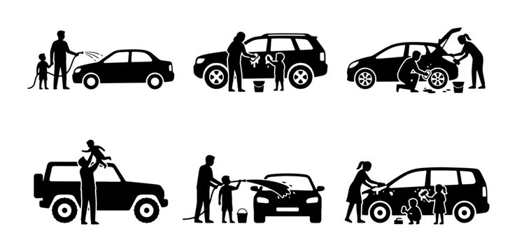 Family Washing Vehicles Together