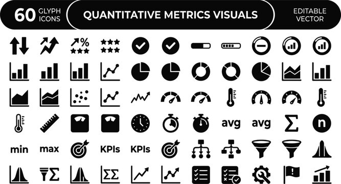 Quantitative Metrics Visuals Glyph Icons Set for KPI Analytics, Statistical Charts, Performance Indicators, and Dashboard Interface Design