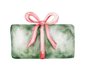 Obraz premium Green gift box with pink bow. Watercolor Hand drawn illustration. Celebration Surprise for Christmas or birthday party invitations, greeting card. Transparent background. Surprise for Christmas or