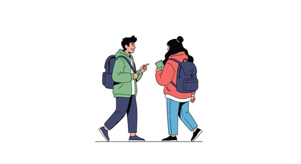 Fototapeta premium Two young students with backpacks stand on a white background and engage in a friendly conversation while one holds a green book.