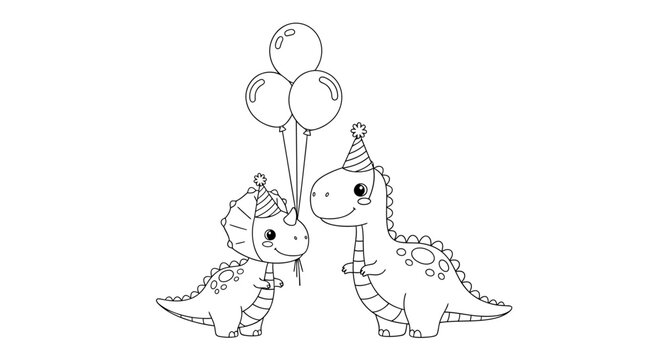 Cute cartoon dinosaurs wearing party hats and holding balloons, black and white outline illustration for kids