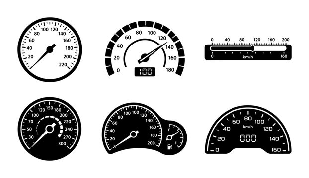 Speedometer Icons Set, Automotive Dashboard Gauges, Vehicle Speed Indicators, Digital and Analog Meter Collection