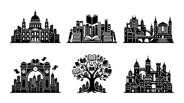 Cityscape Icons, Architectural Buildings, Knowledge Tree, Book Stack City, Vector Collection