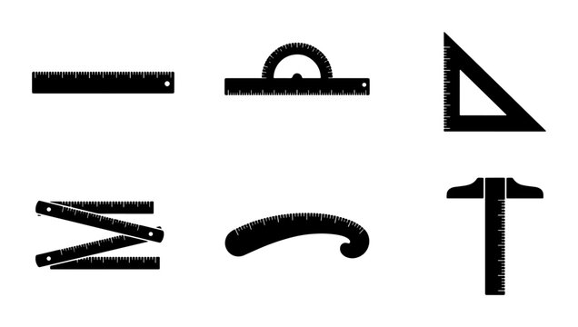 Measuring Tools Vector Icons: Rulers, Protractor, Set Square, Folding Ruler, French Curve, T-Square