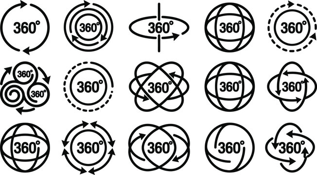 360 degree icons set black lines on white background