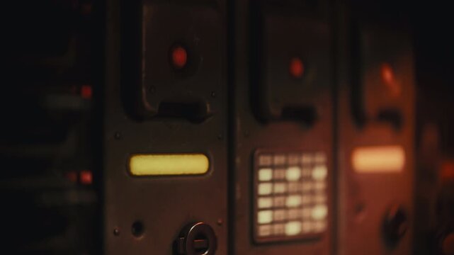 Cinematic 3D animation of a sci-fi cockpit control panel. Close-up view of switches, toggles, a keyboard, and glowing yellow lamps. Smooth camera move from top to bottom. Macro focus.