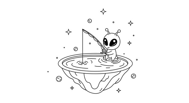Cute alien fishing on a floating island, cartoon illustration, outer space, stars, simple line art, funny concept