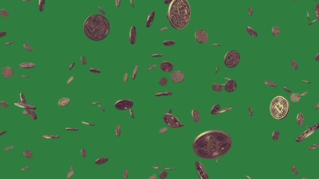 A lot of coins falling on green screen and from pile down  movement depth layers gesture cartoonish style design frame creative emotion illustration colorful