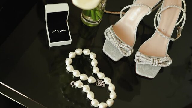 Bridal accessories flat lay with wedding bouquet, high heel shoes, pearl necklace and marriage rings in box on table. Luxury wedding fashion concept with white calla lilies flowers in 4k slow motion.