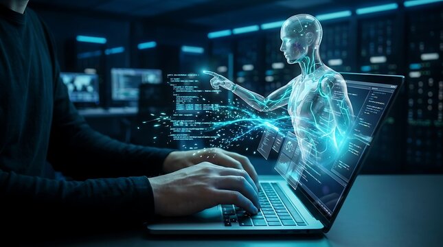 Futuristic programmer interacts with glowing AI humanoid and data streams on a laptop in a modern server room