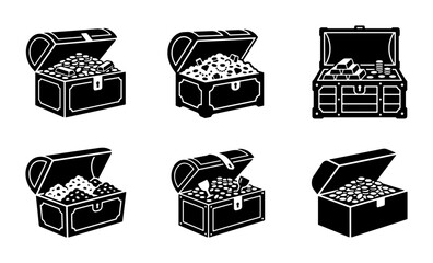 Treasure Chest Icons, Pirate Loot Boxes, Gold Coins & Jewels, Vector Graphics Set © Ritu