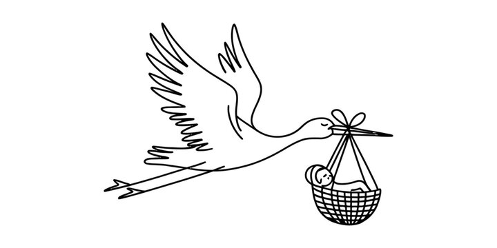 Stork bird flying and carrying a newborn baby in a basket drawing