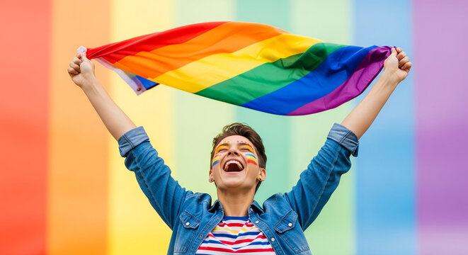 A joyful person with rainbow face paint holds a rainbow flag aloft against a colorful striped background, symbolizing pride and celebration