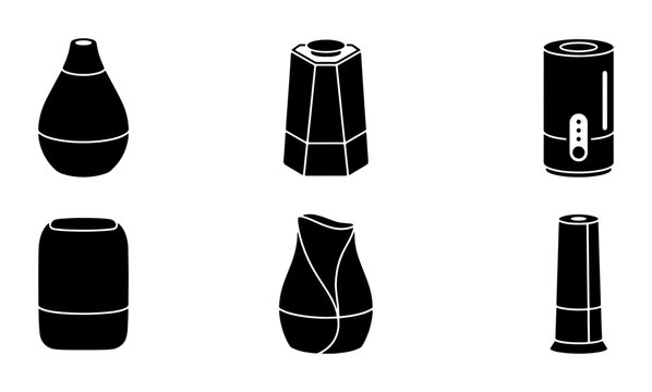 Modern Aroma Diffuser Icons, Essential Oil Humidifier Set, Sleek Air Purifier Vector Graphics