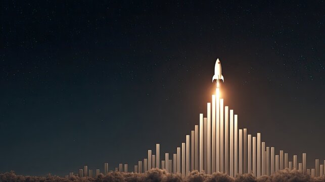 Rocket launch over a rising graph