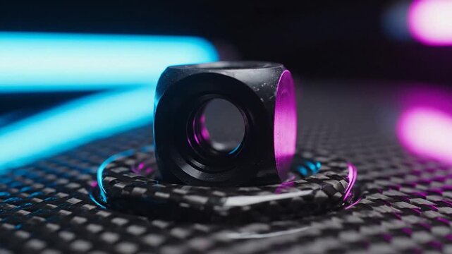 Abstract Macro Shot Of A Metal Nut On A Carbon Fiber Surface With Pink And Blue Lights