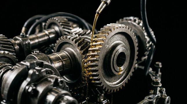 Closeup of mechanical gears being lubricated with oil on a dark background