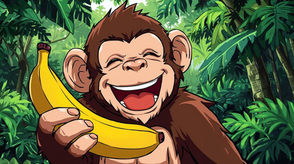 illustration of a monkey smiling while eating a banana in the forest © Pemuda