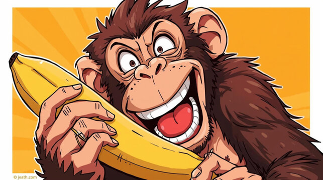 illustration of a monkey smiling while eating a banana in the forest