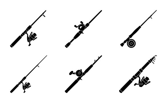 Fishing Rod Icons, Reel Tackle Set, Angling Equipment Collection, Sport Gear Graphics