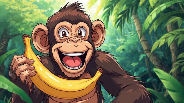  illustration of a monkey smiling while eating a banana in the forest