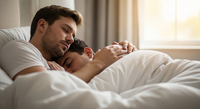 Two men sleeping, embracing under white sheets, symbolizing intimacy, comfort, and peaceful rest, representative of love and companionship.