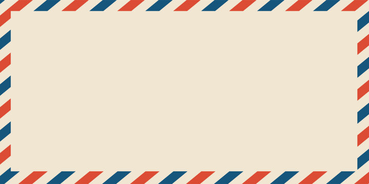 Airmail envelope frame. International vintage letter border. Diplomat size. Retro air mail with blue and red stripes. Blank correspondence paper template. Empty classic postal message illustration.