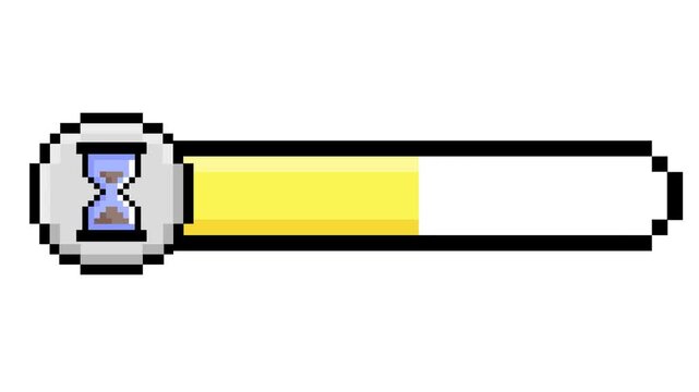 Pixelated progress bar with hourglass icon, symbolizing loading time, task completion, and digital waiting states