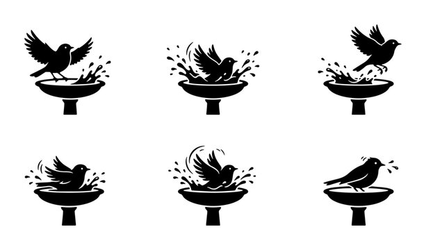 Bird Bathing Icons Set, Small Bird Splashing Water, Nature Wildlife Vector Graphics, Simple Silhouette Collection
