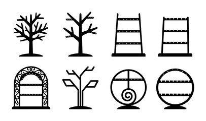 Vector Display Shelving Units, Tree Silhouettes, Arches, and Circular Stands Set © Nushrat