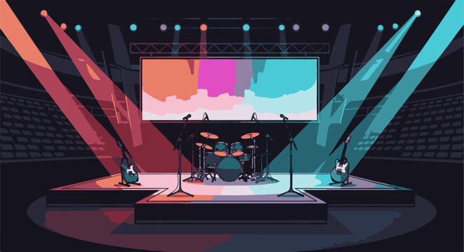 A pixelated concert stage with guitars, drums, microphones, and spotlights