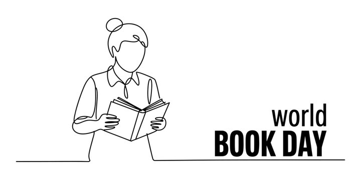 Woman reading a book for world book day continuous line drawing