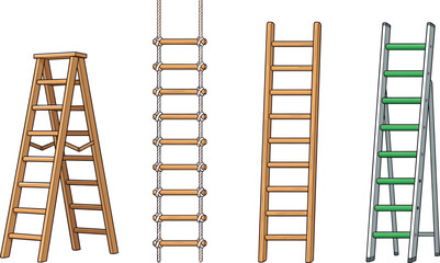 Wooden and Aluminum Ladder Vector Set Featuring Step Ladder Rope Ladder and Straight Leaning Ladder for Construction Home Repair and Career Metaphor Designs © Nexivo! 