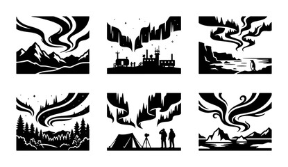 Aurora Borealis Vector Icons, Northern Lights Landscapes, Arctic Sky Scenes, Night Nature Elements © Nushrat