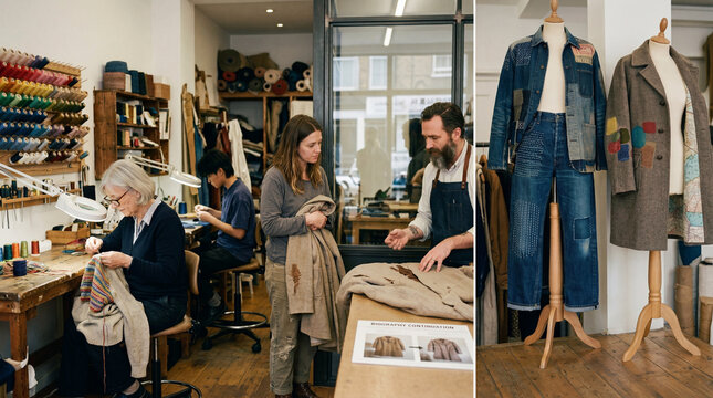 Diptych showing tailor workshop interiors, featuring people sewing and mending clothing on the left, and mannequins displaying repaired patchwork denim and wool coats on the right.