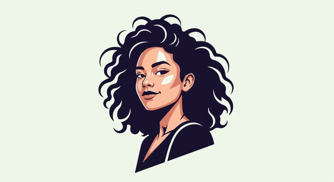 A pixelated illustration of a young woman with voluminous dark curly hair and a knowing smile