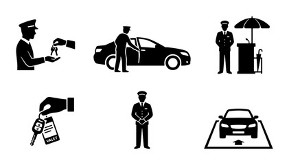Valet Service Icons: Parking, Car, Attendant