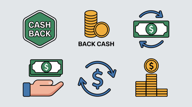 Illustrated cash back and financial savings concept with stack of coins and dollar bills
