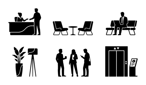 Office Lobby Scenes Silhouette Icons