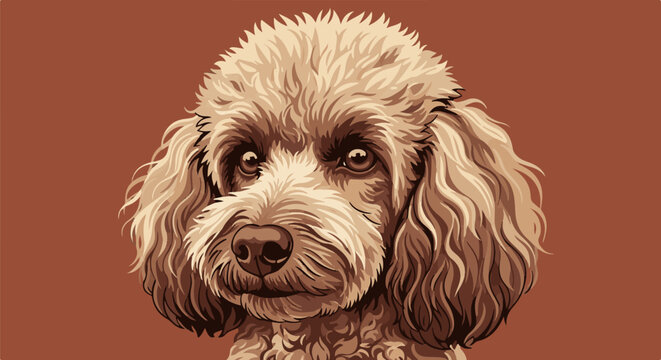 A pixelated portrait of a fluffy dog with large expressive eyes and curly fur, set against a warm brown background