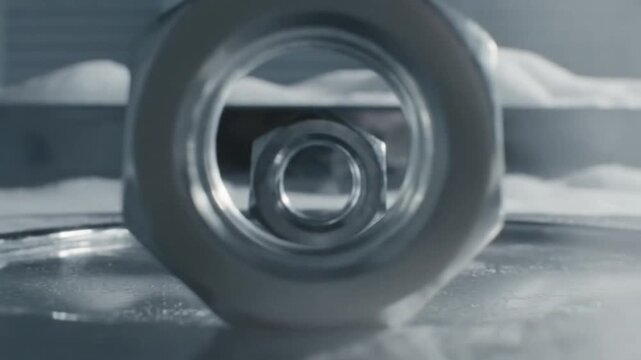 Abstract Macro Shot of Mechanical Hex Nut and Wrench in Industrial Scene 4K