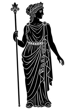 Hera queen of the Olympian gods with royal scepter ancient Greek mythology black figure art