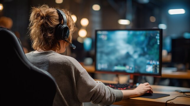 Child with short hair wearing headset plays multiplayer video game at modern gaming desk in dark room illuminated by screen light and ambient lighting