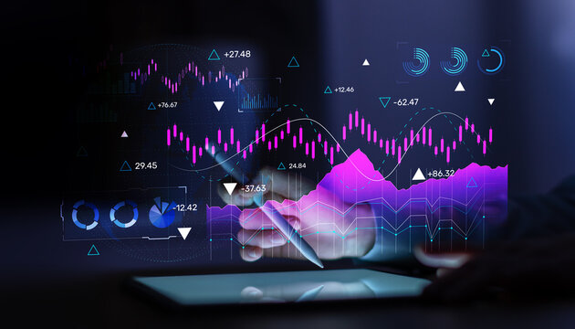 Market performance analytics visualization with financial charts and dynamic indicators.
